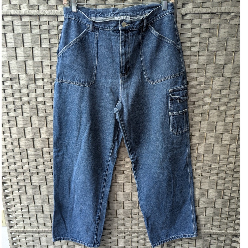 Vtg 90s Cargo Jeans Blue Cinch Back Wide Leg Utility 16 Baggy Denim Streetwear